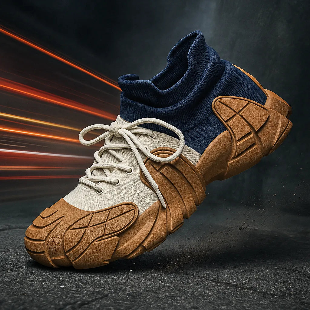 Brown and beige sneaker with blue sock on a dark background - BlackBole High Quality Shoe