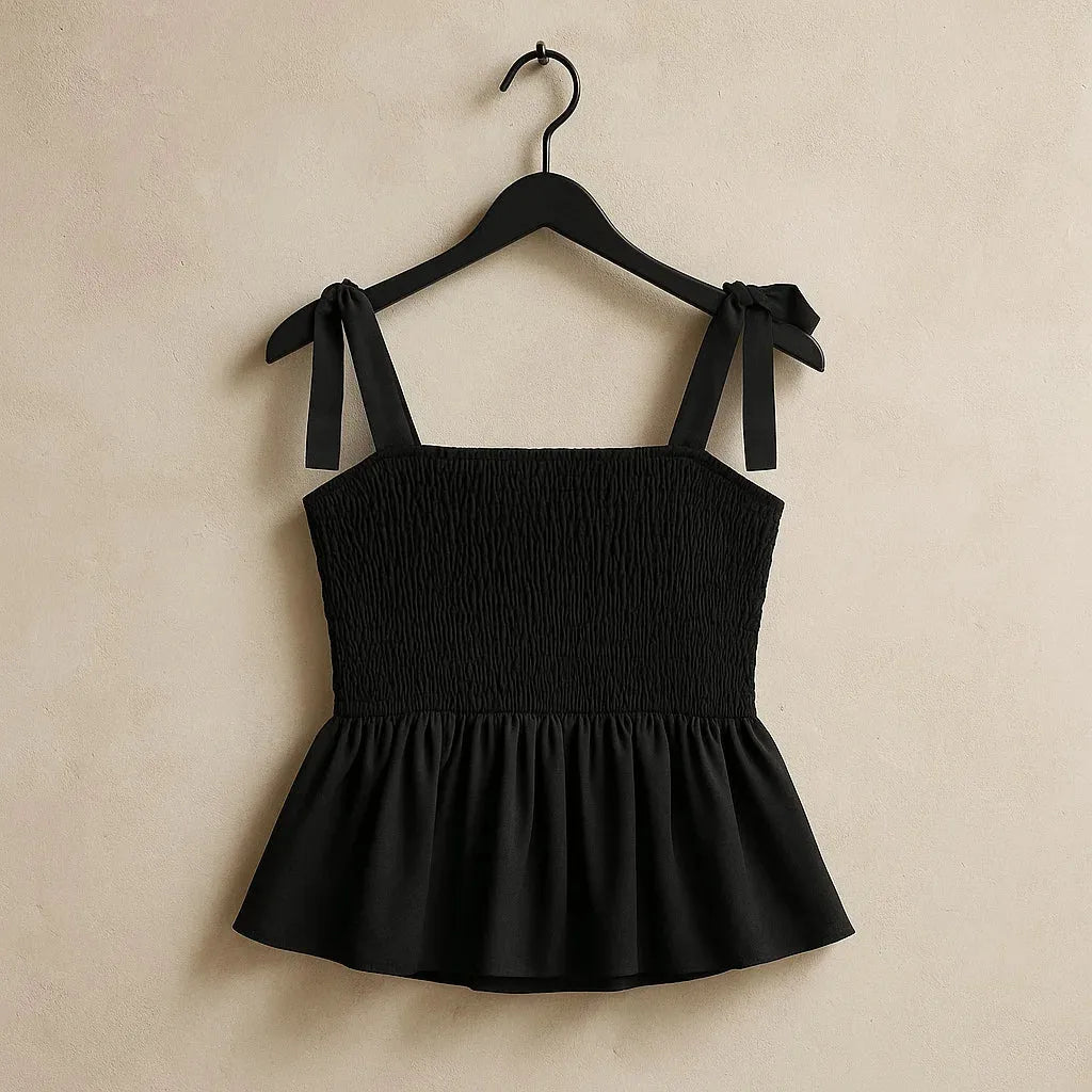 Black sleeveless top with bow straps on a beige background - BlackBole High Quality Western Dress