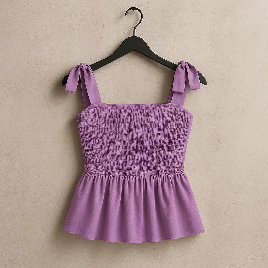 Purple top with tie straps on a hanger against a beige background - BlackBole High Quality Western Dress