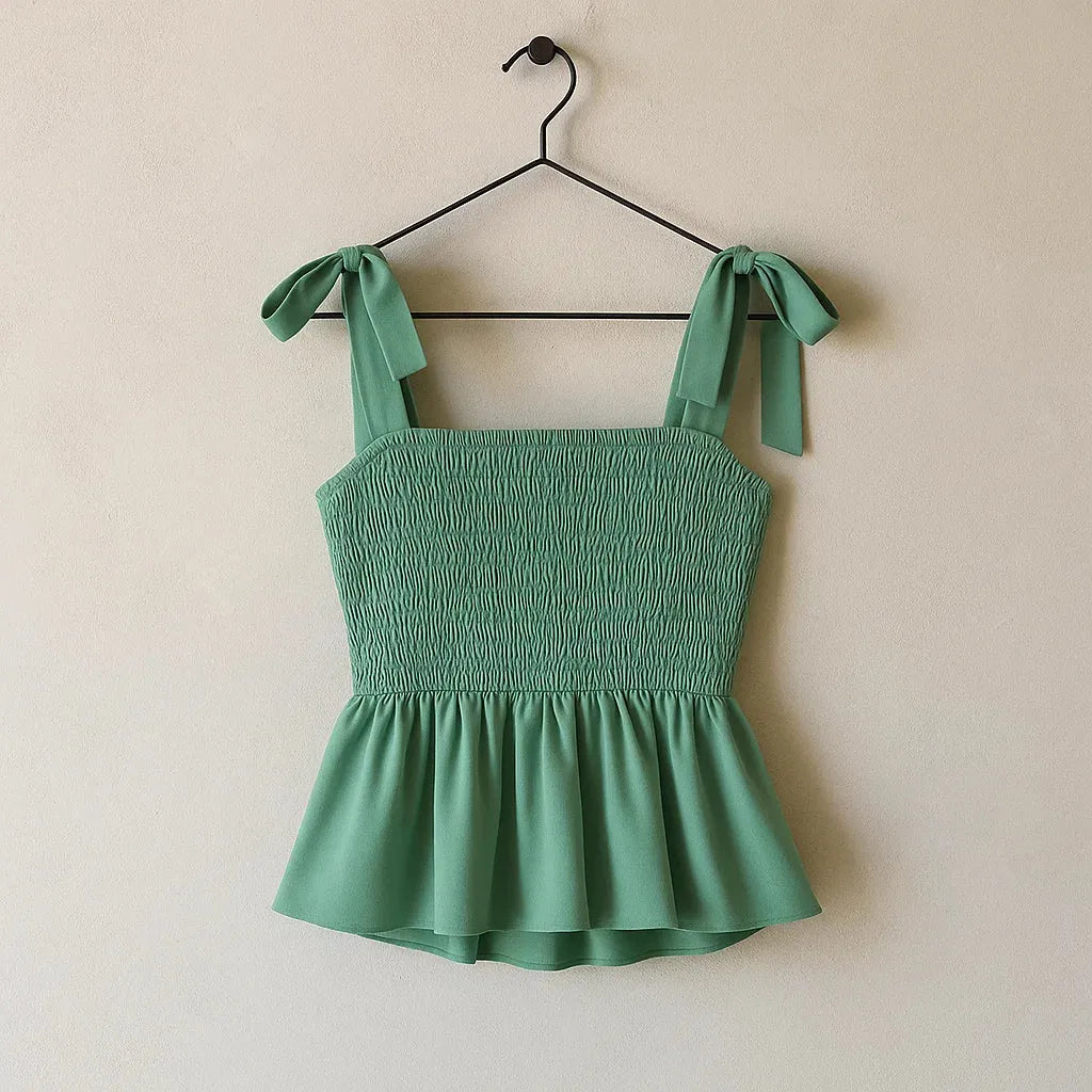 Green smocked top with bow straps on a hanger against a beige wall - BlackBole High Quality Western Dress