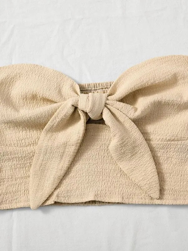 Beige bandeau top with a large bow on a light gray background - BlackBole High Quality Western Dress