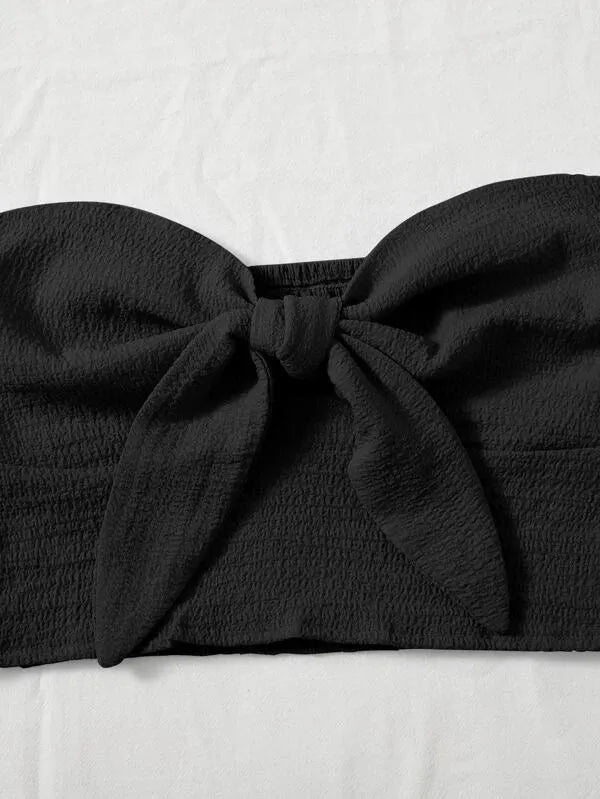 Black bandeau top with a bow detail on a white background - BlackBole High Quality Western Dress