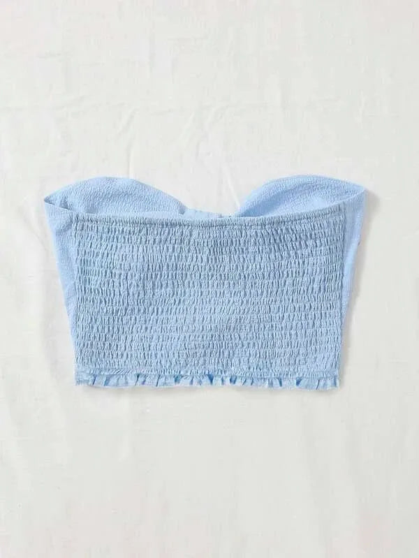 Light blue smocked bandeau top on a white background - BlackBole High Quality Western Dress