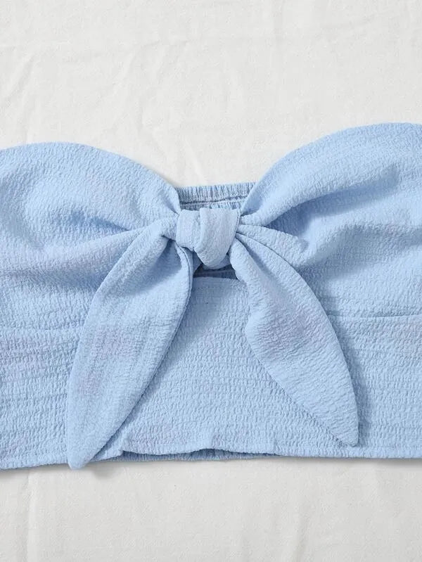 Light blue bandeau top with a large bow on a light gray background - BlackBole High Quality Western Dress