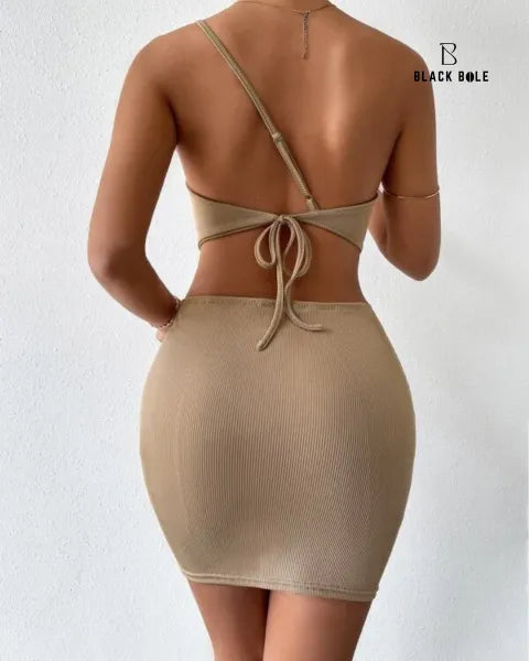 Beige two-piece outfit with open back on a white background, brand 'Blackbole' visible - BlackBole High Quality western Dress