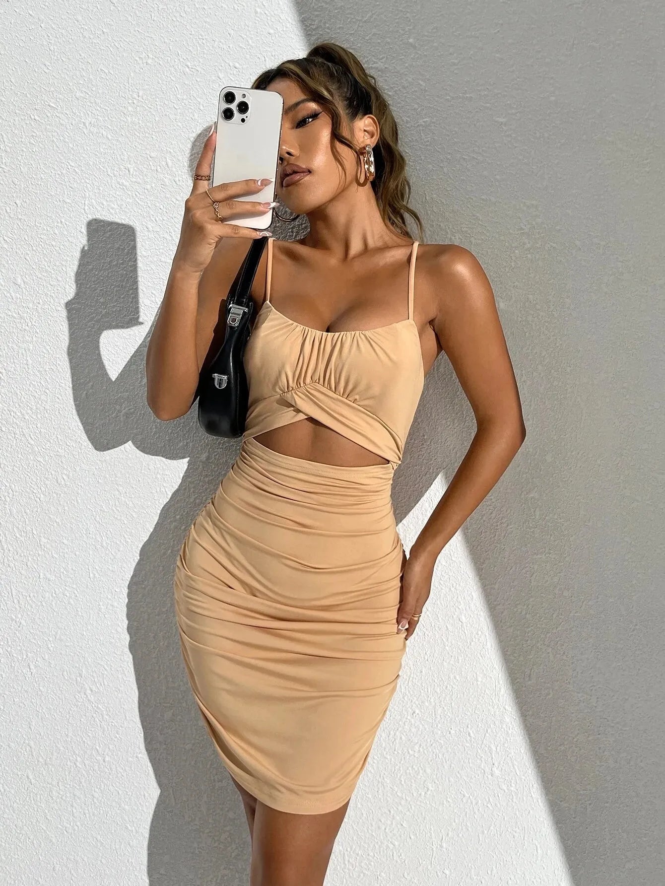 Woman taking a mirror selfie wearing a beige dress against a white wall - BlackBole High Quality western Dress