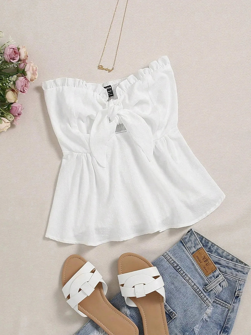 White blouse with ruffled details, beige sandals, and denim shorts on a light background - BlackBole High Quality Western Dress