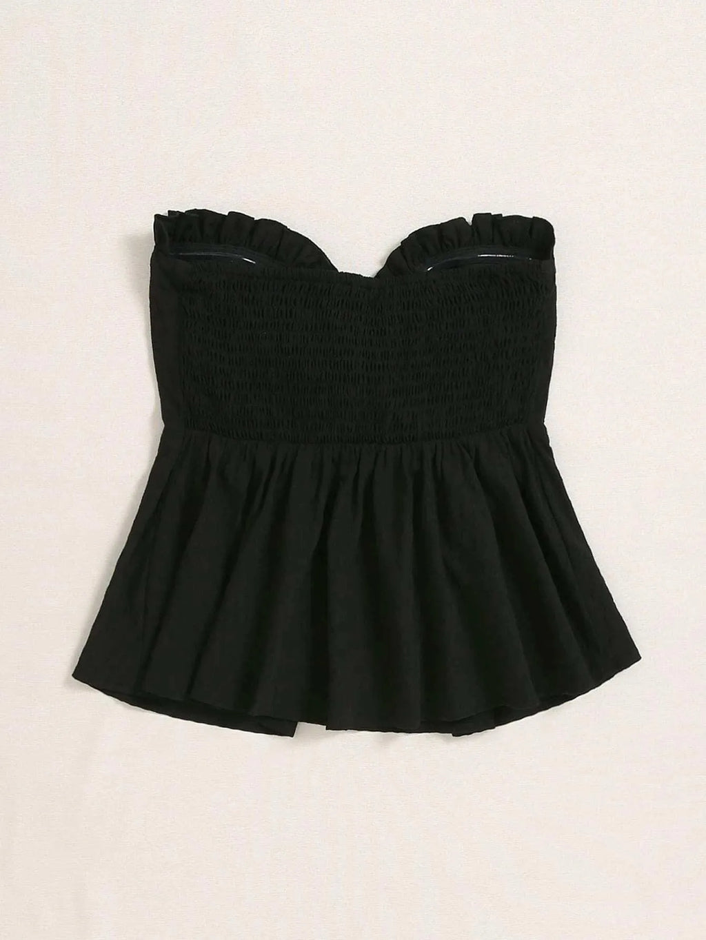 Black strapless top with ruffled neckline on a beige background - BlackBole High Quality Western Dress