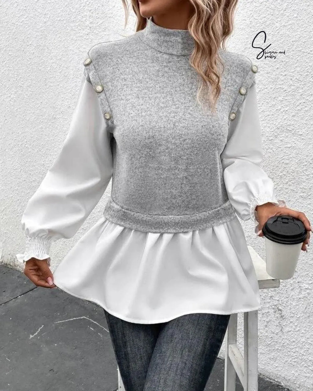 Woman wearing a gray knit top over a white blouse with long sleeves, holding a coffee cup - BlackBole High Quality Western Dress