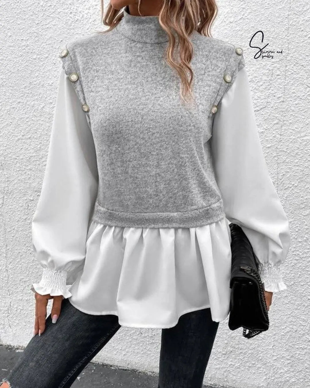 Woman wearing a gray knit top with pearl embellishments over a white blouse against a white background - BlackBole High Quality Western Dress