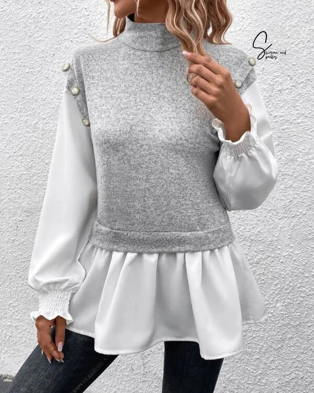 Person wearing a gray knitted vest over a white blouse against a light gray background - BlackBole High Quality Western Dress