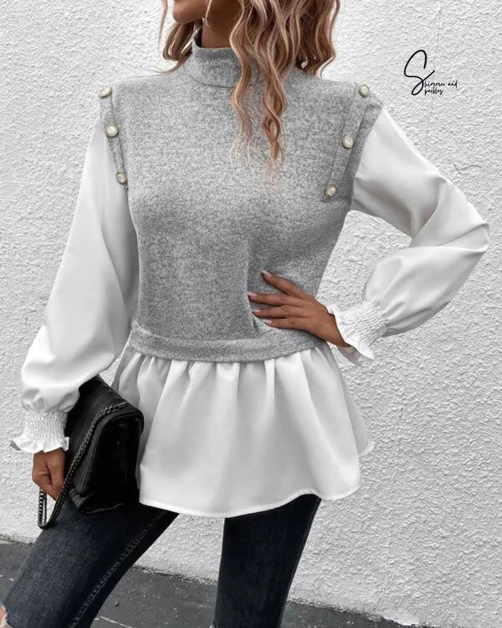 Woman wearing a gray knitted vest over a white blouse against a light gray background - BlackBole High Quality Western Dress