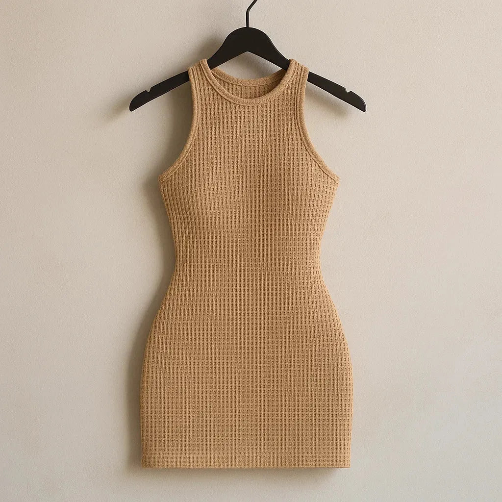 Beige knitted dress on a hanger against a plain background - BlackBole High Quality Western Dress
