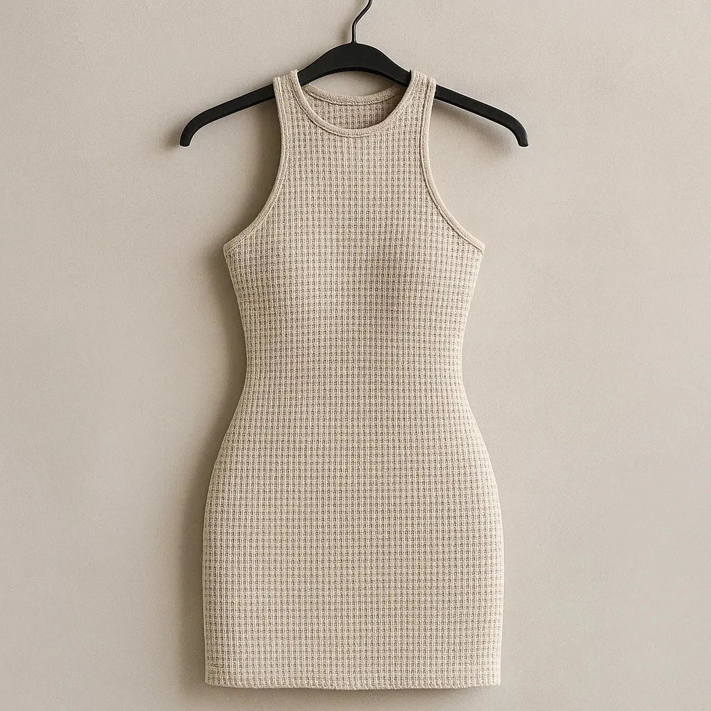 Beige checkered dress on a hanger against a beige background - BlackBole High Quality Western Dress