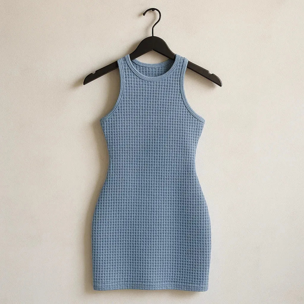 Blue textured dress on a hanger against a beige background - BlackBole High Quality Western Dress