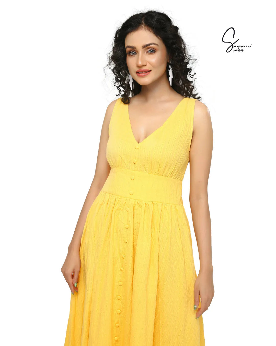 Woman wearing a yellow dress on a white background - BlackBole High Quality Western Dress