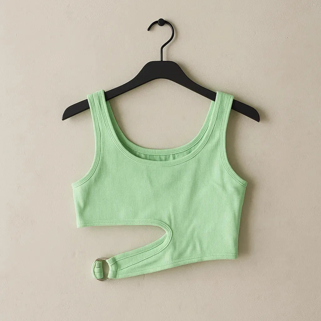 Green ribbed tank top on a black hanger against a beige background - BlackBole High Quality Western Dress