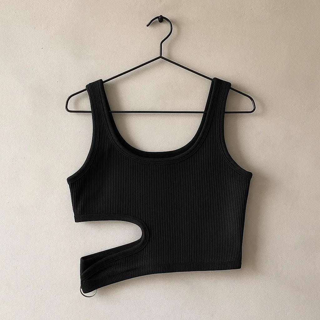 Black ribbed tank top on a hanger against a beige wall - BlackBole High Quality Western Dress