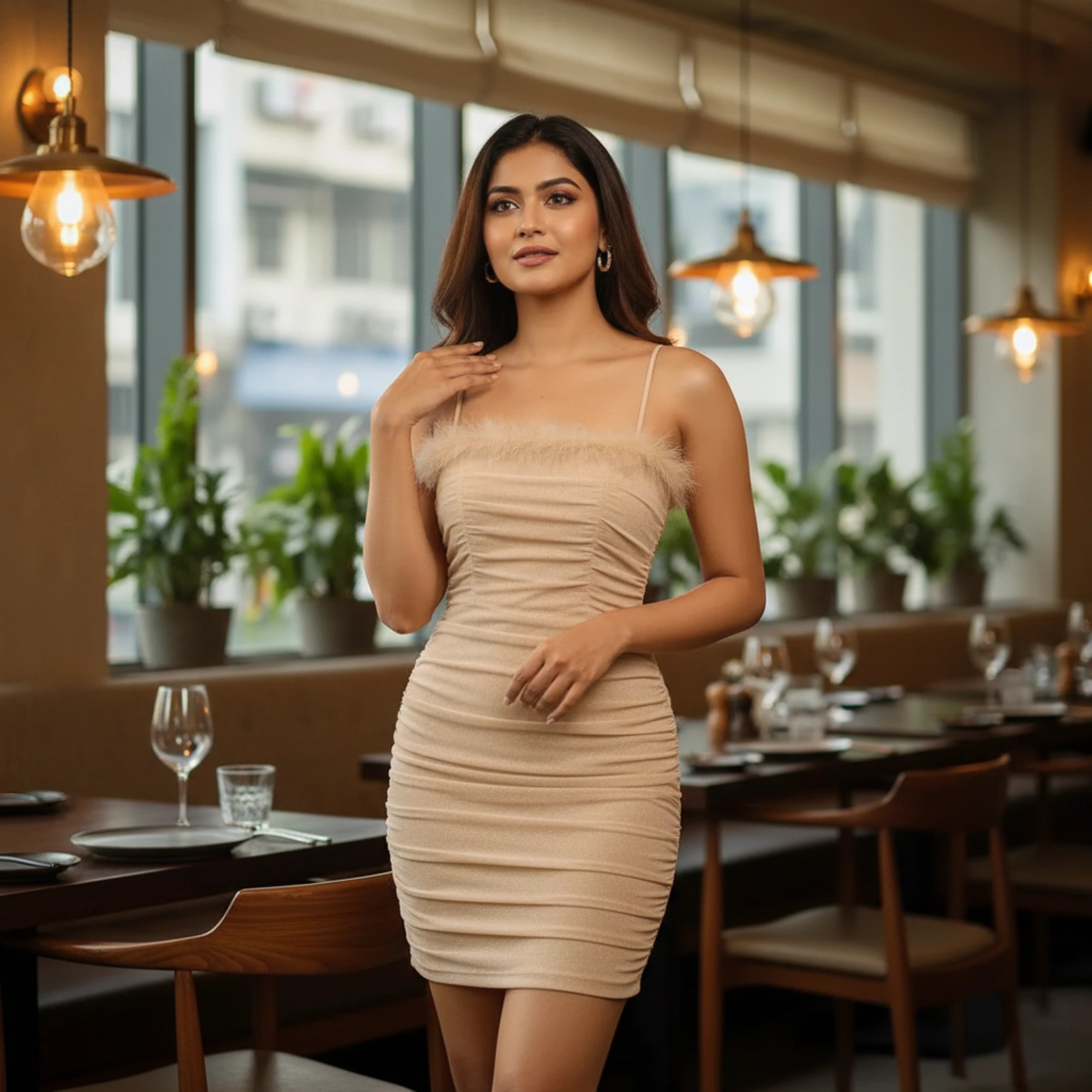 Woman in a beige dress standing in a restaurant setting - BlackBole High Quality Western Dress