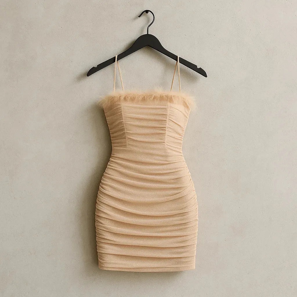 Beige strapless dress on a hanger against a plain background - BlackBole High Quality Western Dress