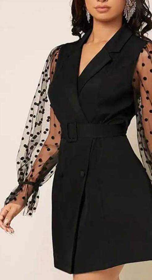 Elegant Mesh Long Sleeve  Belt Blazer Mini Dress
