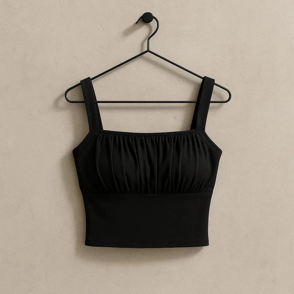 Black crop top on a hanger against a beige wall - BlackBole High Quality Western Dress