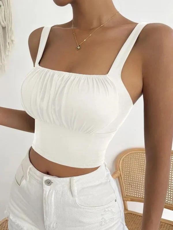 Person wearing a white crop top and white shorts with a neutral background - BlackBole High Quality Western Dress