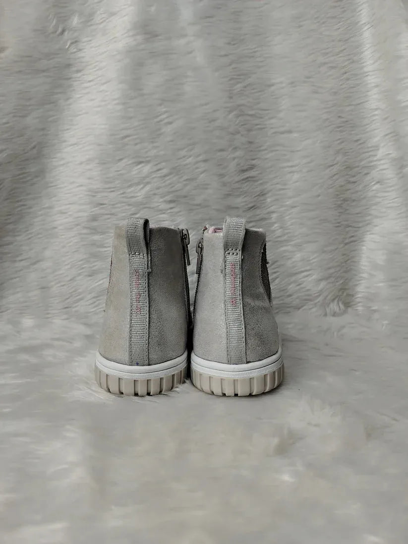 Pair of gray high-top sneakers on a textured gray background - BlackBole High Quality Shoe
