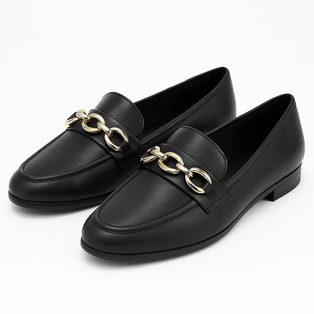 Black loafers with gold chain details on a white background - BlackBole High Quality Shoe