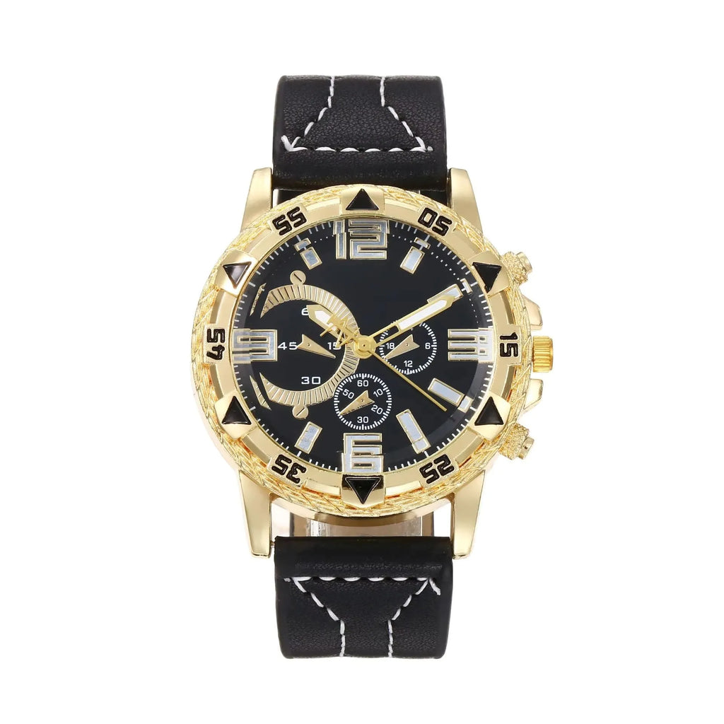 Gold watch with black face and strap on a white background - BlackBole High Quality Watch