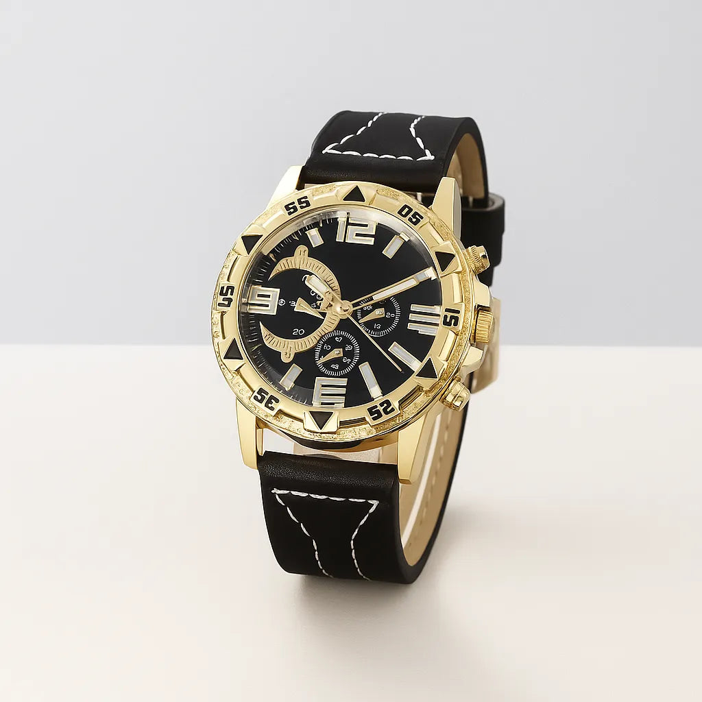 Gold watch with black leather strap on a white background - BlackBole High Quality Watch
