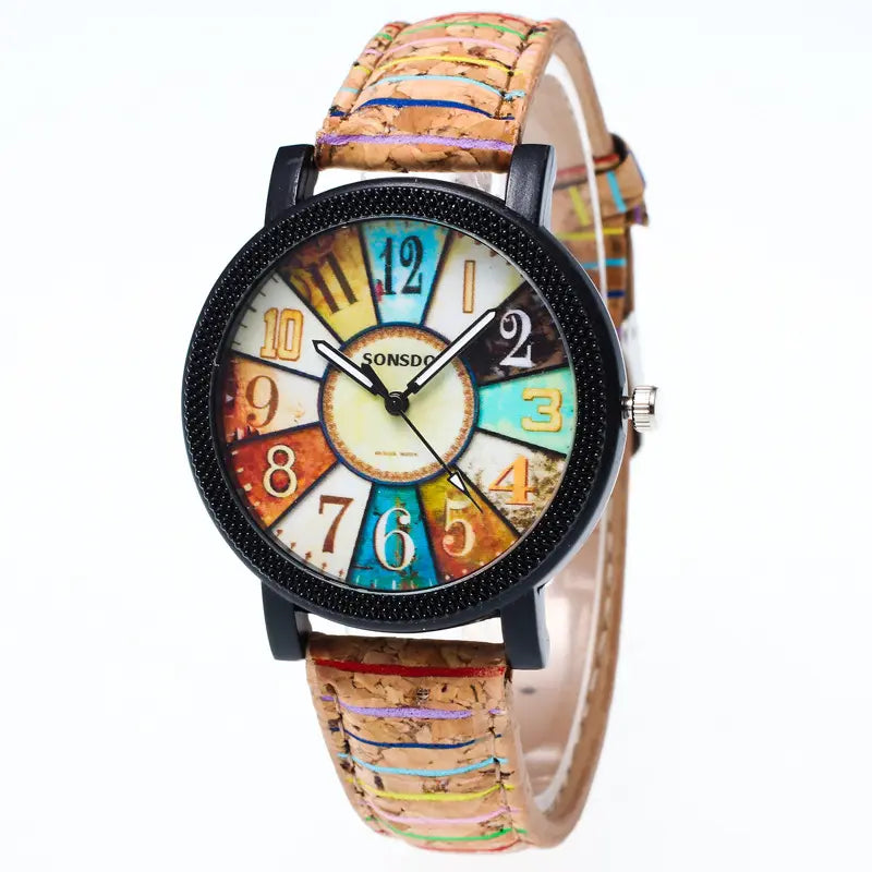 A woman's quartz watch with a floral surface and wood grain pattern, featuring a round multicolored dial and a brown leather band - BlackBole High Quality Watch
