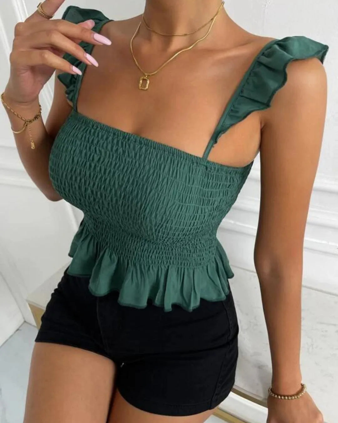 Green smocked top with ruffled details worn by a person against a white background - BlackBole High Quality Western Dress