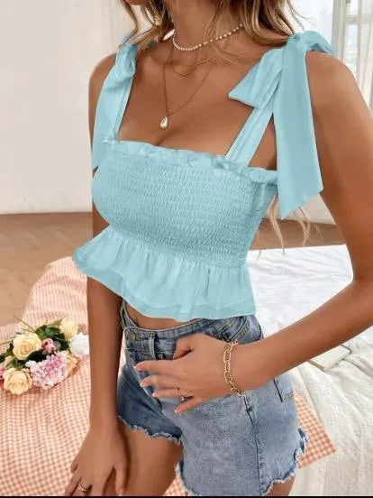 Light blue top with ruffled details and denim shorts on a neutral background - BlackBole High Quality Western Dress