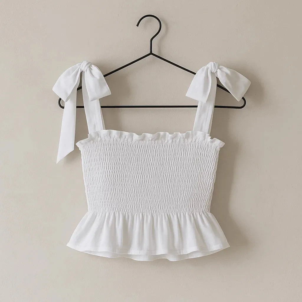 White top with bow straps on a black hanger against a beige background - BlackBole High Quality Western Dress