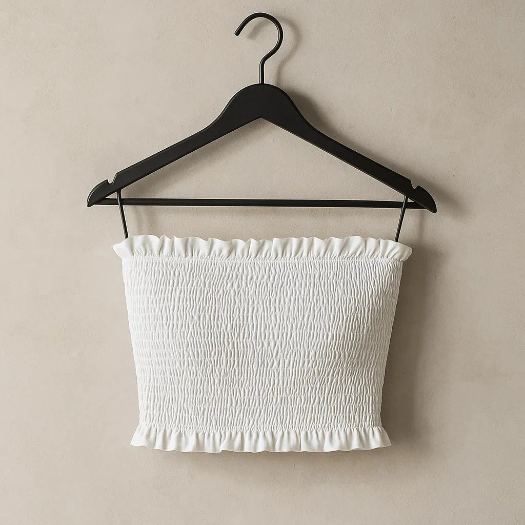 White smocked tube top on a black hanger against a beige background - BlackBole High Quality Western Dress