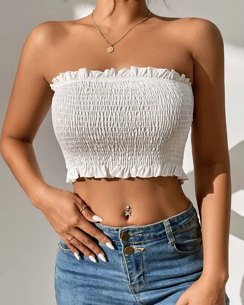 White strapless top worn by a person with a neutral background - BlackBole High Quality Western Dress