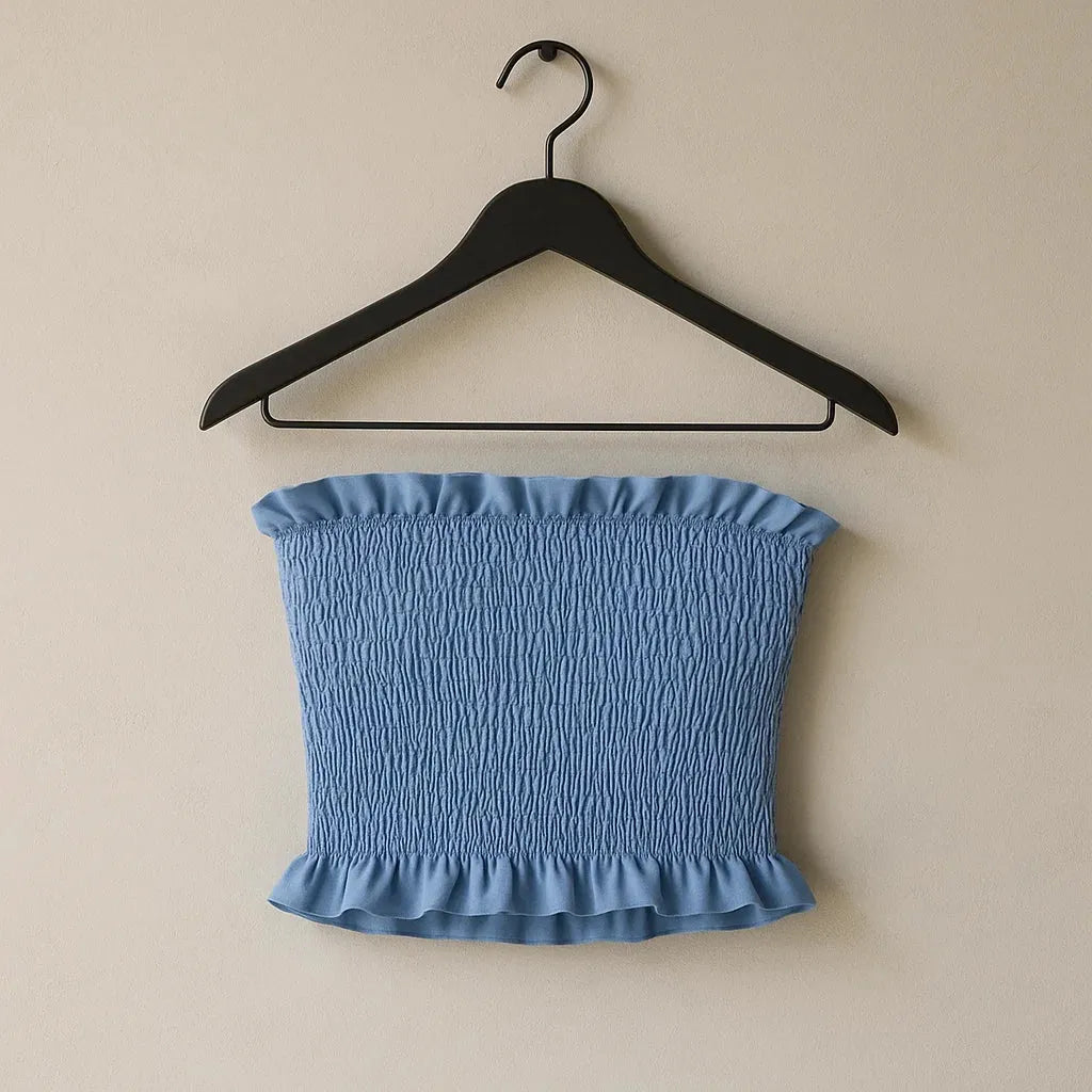 Blue strapless top on a black hanger against a beige background - BlackBole High Quality Western Dress