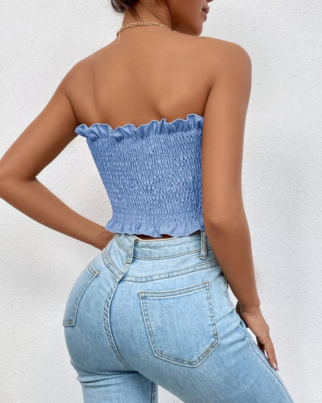 Person wearing a blue strapless top and jeans against a white background - BlackBole High Quality Western Dress
