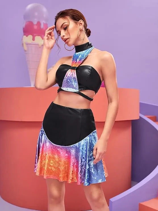Woman wearing a colorful outfit with a gradient skirt and black top against a vibrant background - BlackBole High Quality Western Dress