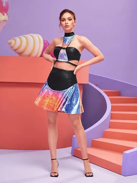 Woman in a colorful outfit standing on a colorful set with a purple wall and pink steps - BlackBole High Quality Western Dress