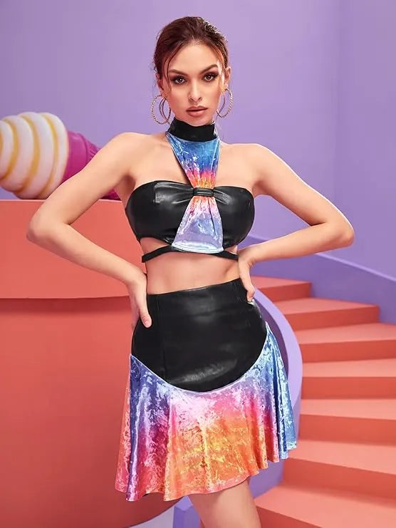 Model wearing a colorful outfit with a black leather top and skirt on a vibrant background - BlackBole High Quality Western Dress
