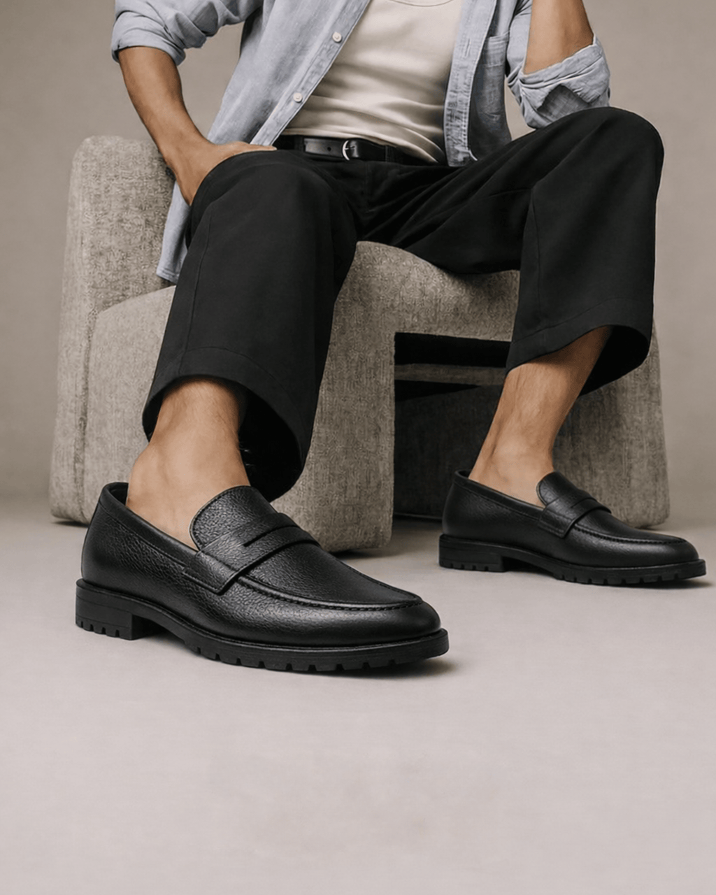 Black Chunky Loafer - Genuine Leather - BlackBole