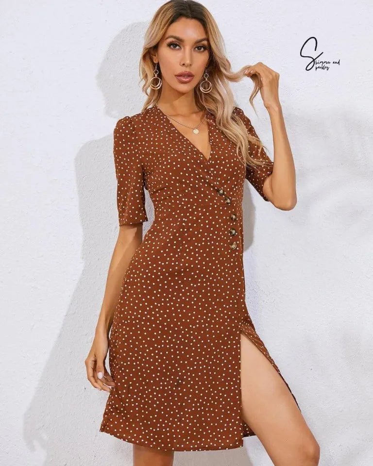 Brown Polka Dot Midi Dress - BlackBole