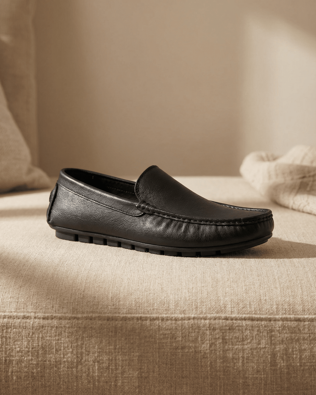 Handcrafted Leather Slip-On Moccasins Black - BlackBole