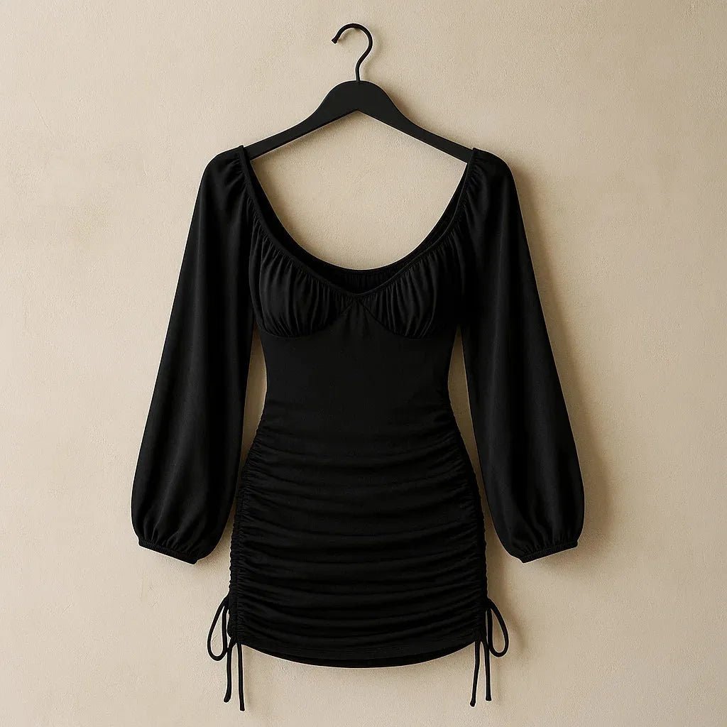 Lantern Sleeve Drawstring Side Ruched Bodycon Dress (Code-161) - BlackBole
