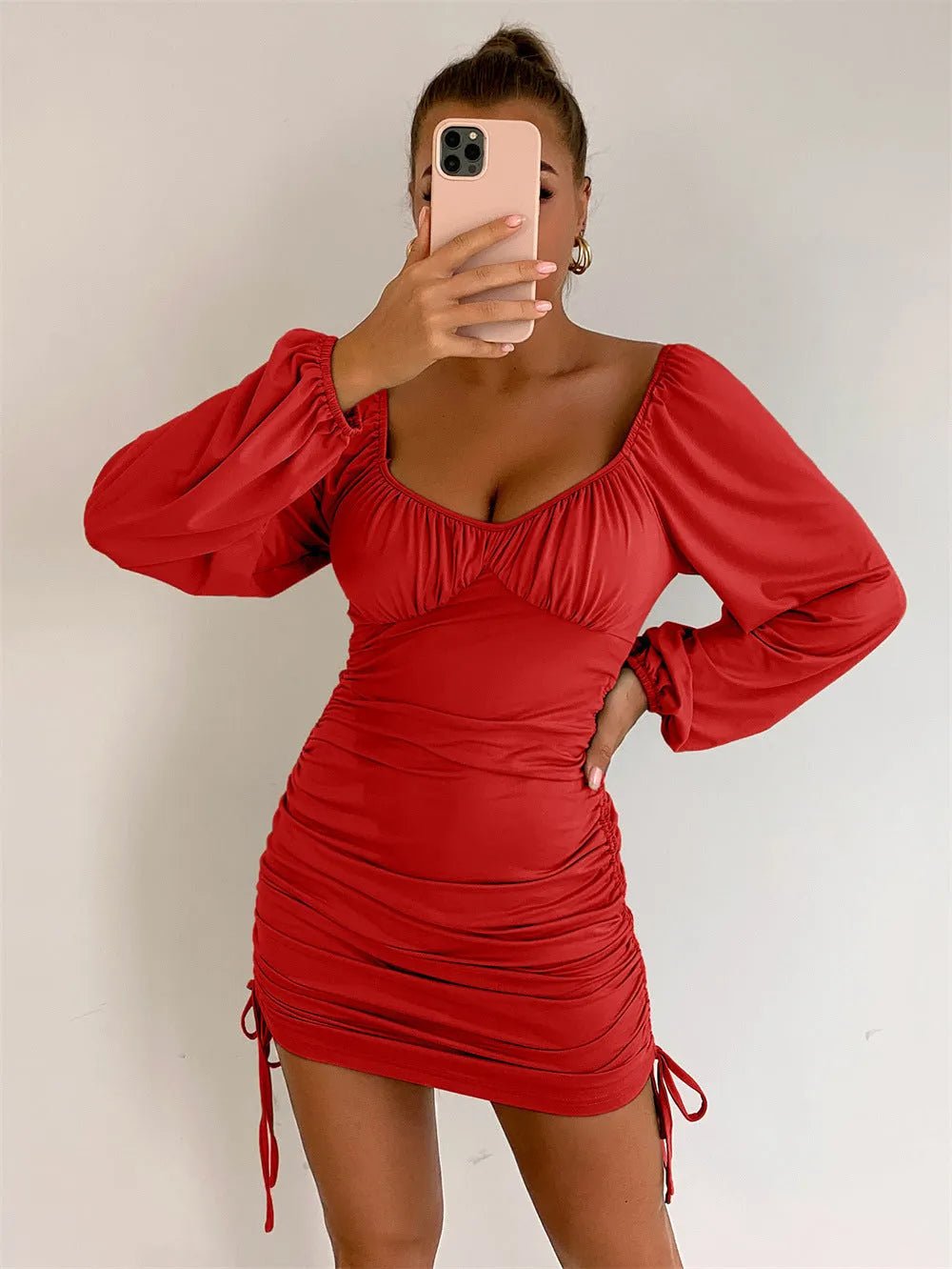 Lantern Sleeve Drawstring Side Ruched Bodycon Dress (Code-161) - BlackBole