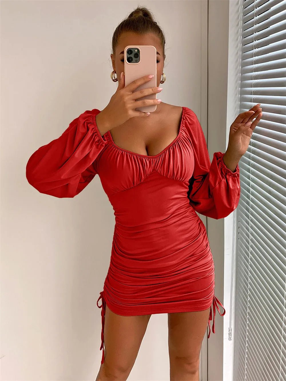 Lantern Sleeve Drawstring Side Ruched Bodycon Dress (Code-161) - BlackBole
