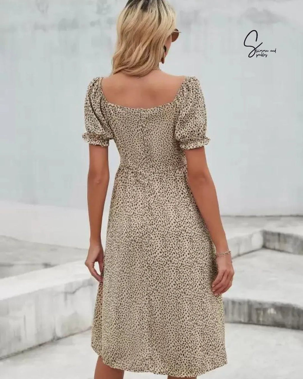 Leopard Print Shirred Frill Trim Dress - BlackBole
