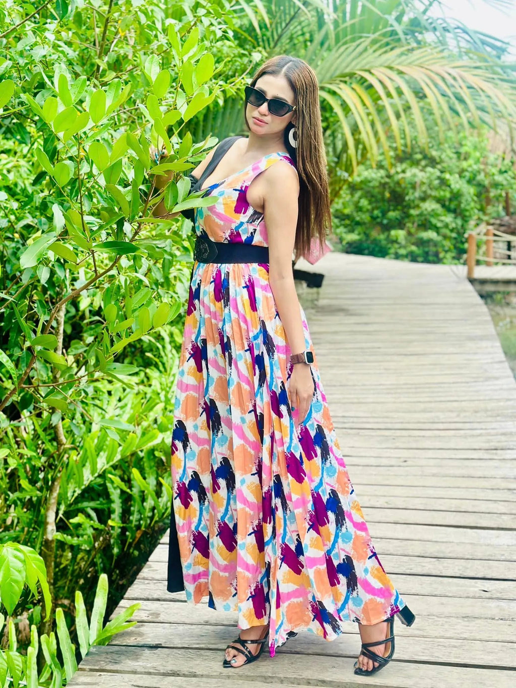 L’Mane Brush Print Colorblock Asymmetrical Dress - BlackBole